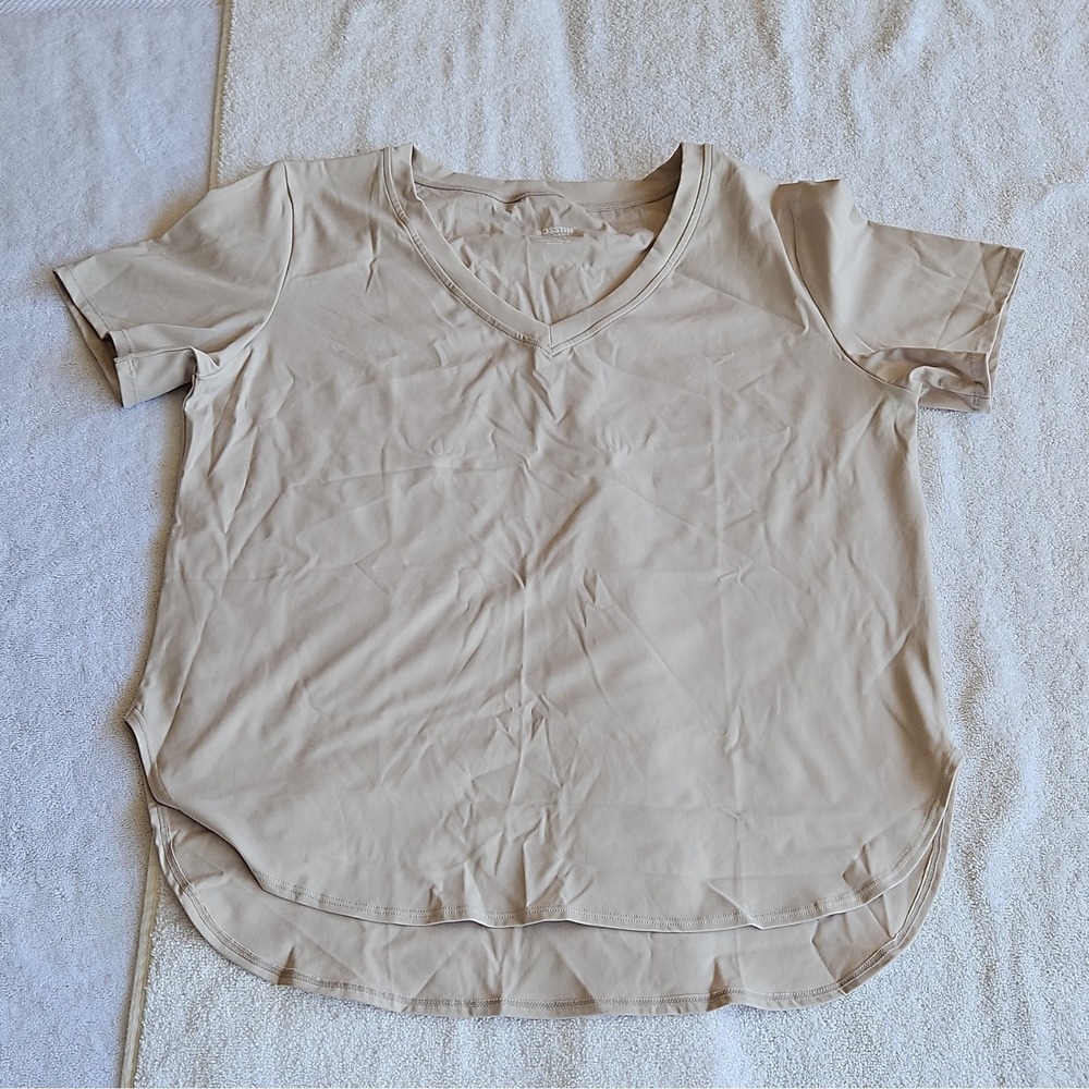 BOSSTIN Stretch Activewear T-Shirt Beige V-Neck Short Sleeve Women's XL